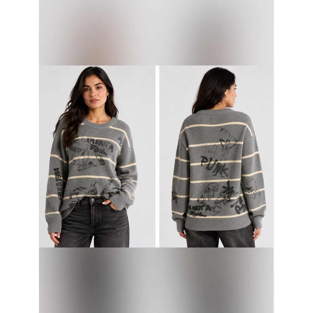 NWT R13 Striped Boyfriend Sweater in Heather Gray With Graphics Sz S